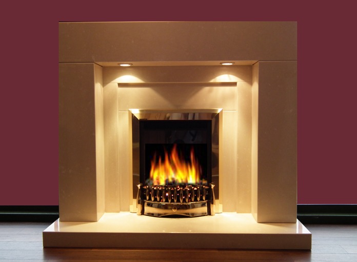 Small Lister limestone fireplace with lights